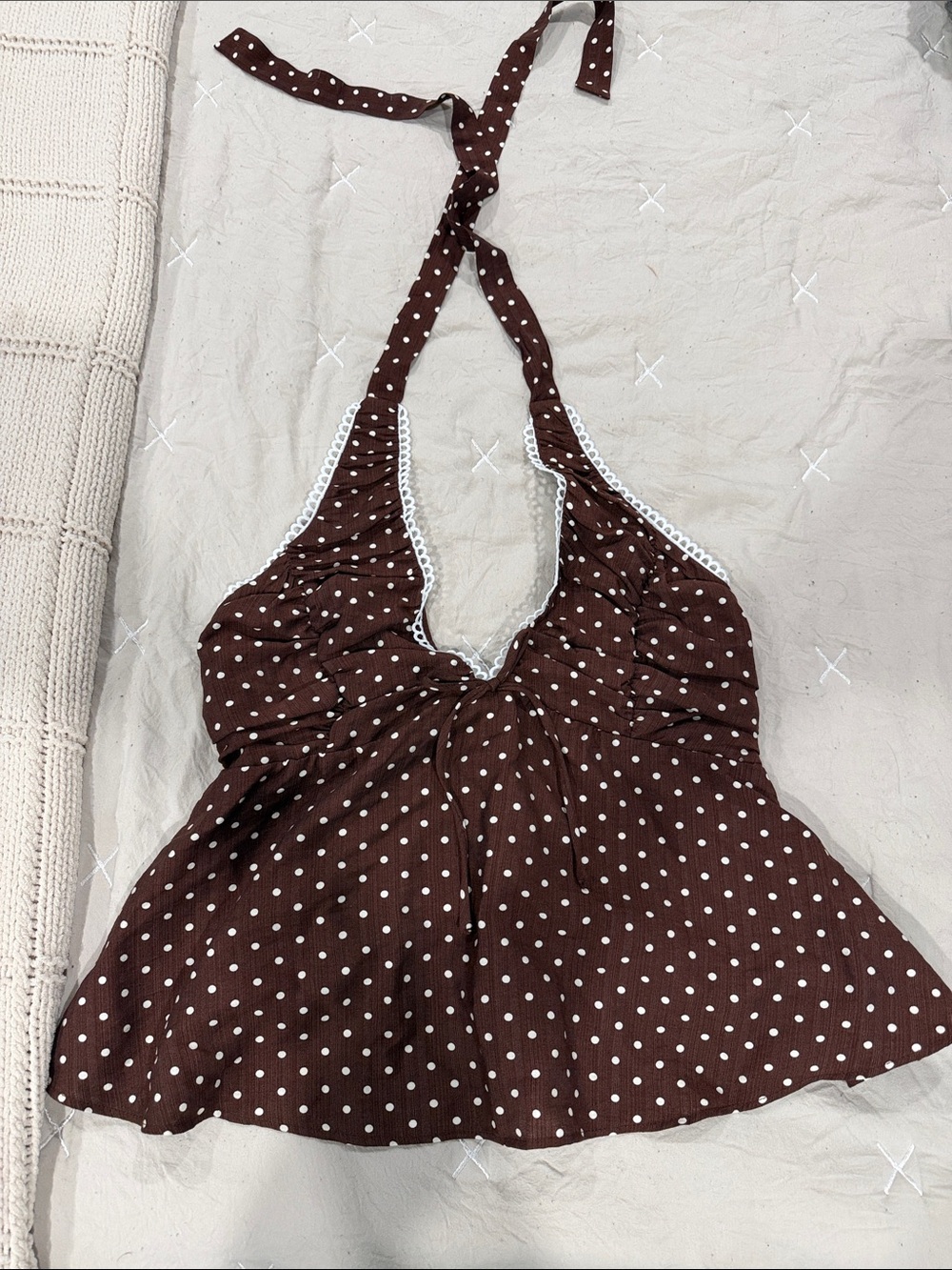 Polka Dot Halter Peplum Top - Brown